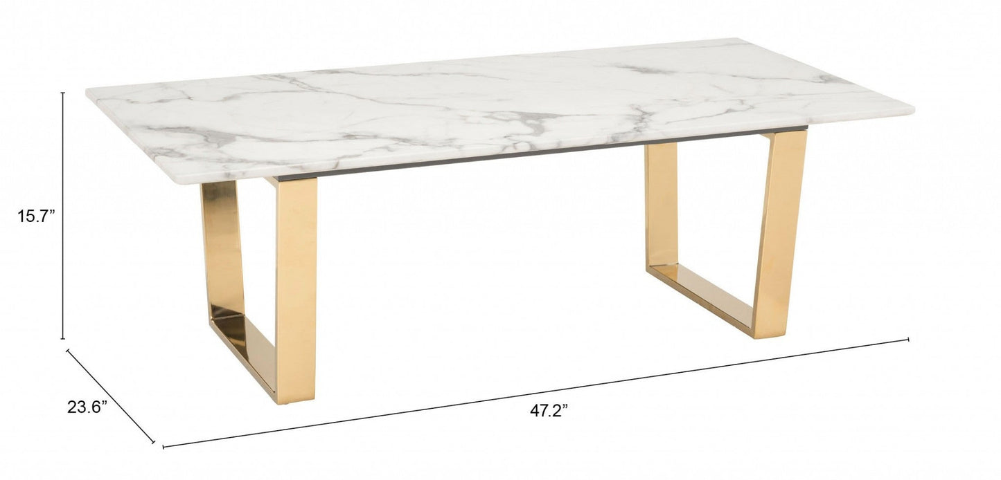 HomeRoots 47" White Faux Marble And Steel Coffee Table With Gold Base Finish