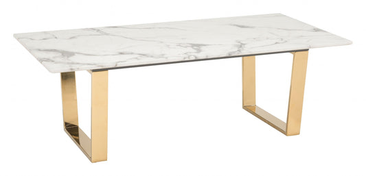 HomeRoots 47" White Faux Marble And Steel Coffee Table With Gold Base Finish