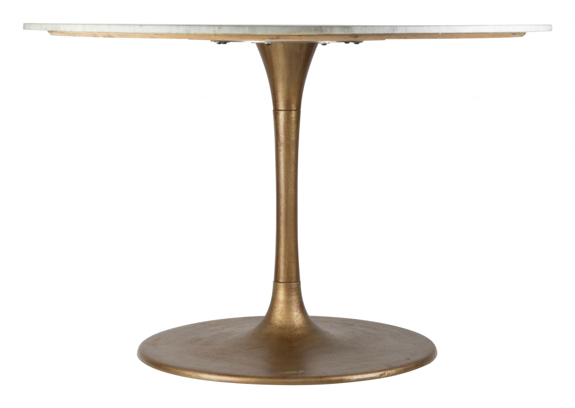 HomeRoots 47" White Marble Round Pedestal Dining Table With Gold Base Finish