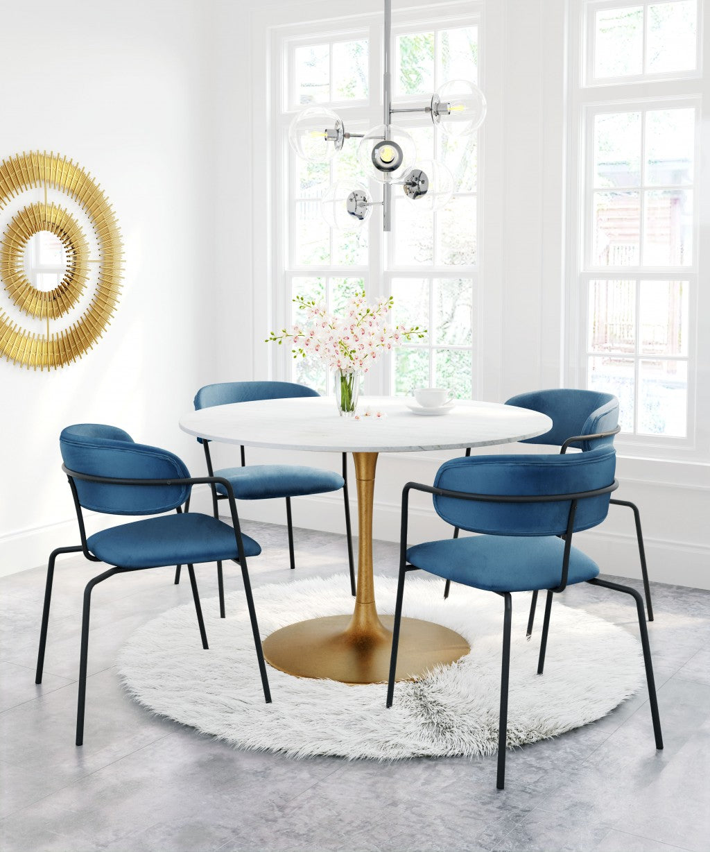 HomeRoots 47" White Marble Round Pedestal Dining Table With Gold Base Finish