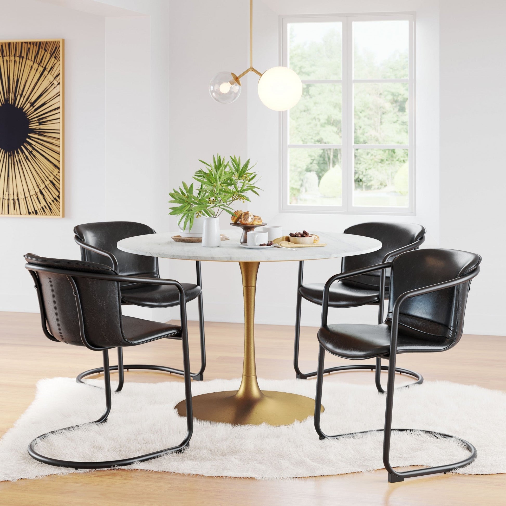 HomeRoots 47" White Marble Round Pedestal Dining Table With Gold Base Finish