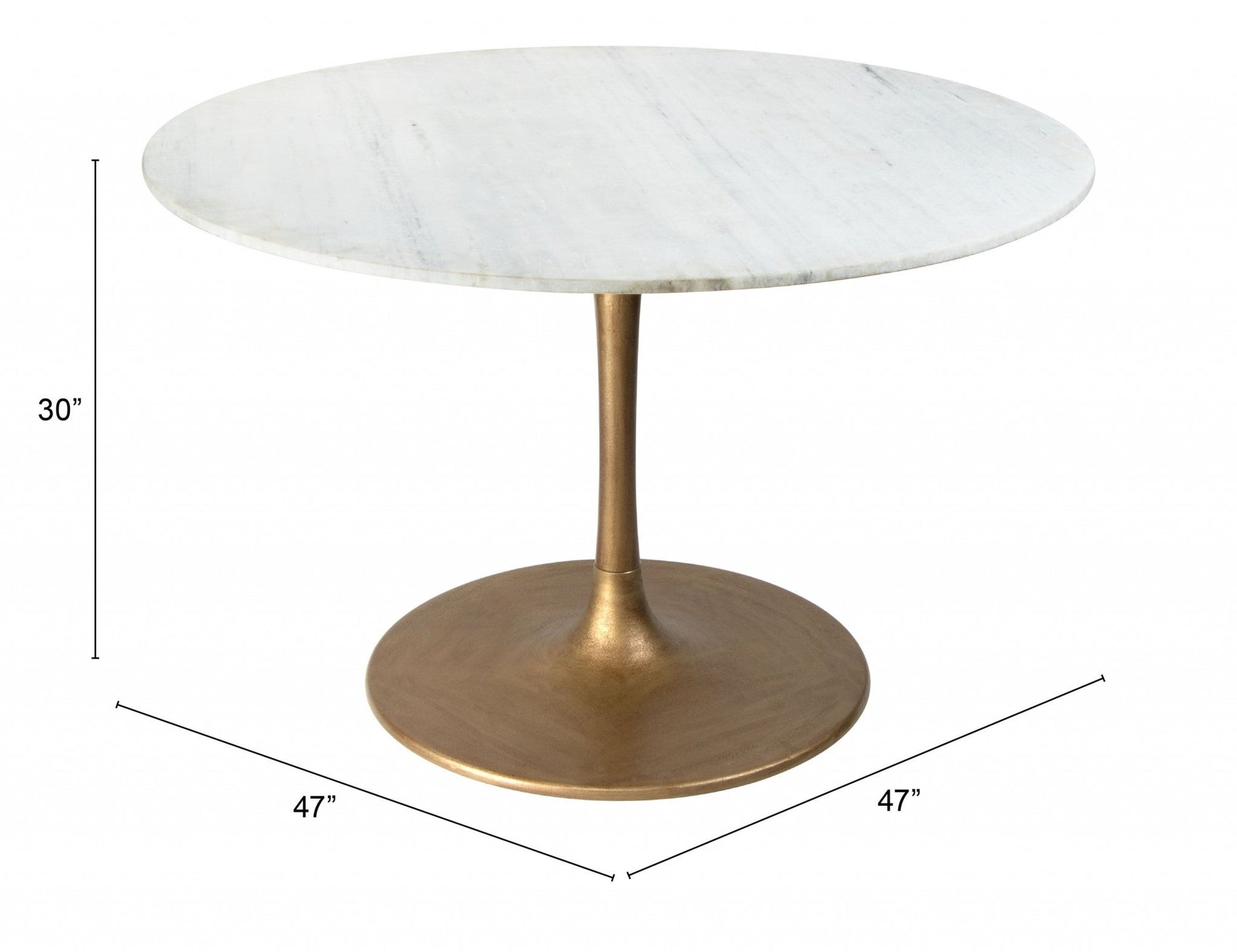 HomeRoots 47" White Marble Round Pedestal Dining Table With Gold Base Finish