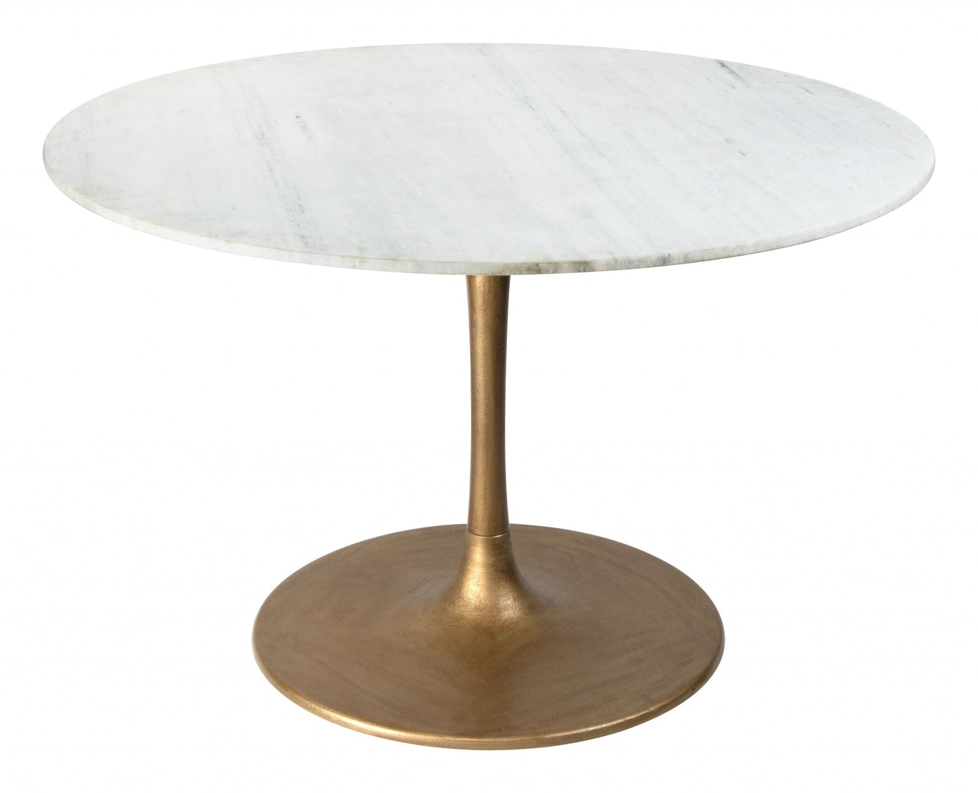 HomeRoots 47" White Marble Round Pedestal Dining Table With Gold Base Finish