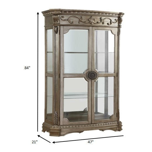 HomeRoots 47" x 21" x 84" Curio Cabinet In Antique Champagne Finish