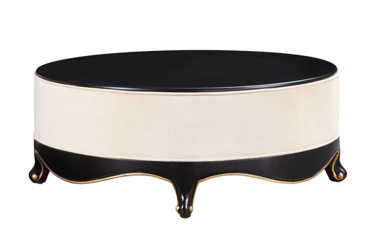 HomeRoots 47" x 47" x 19" Cream Fabric And Black Wood Cocktail Table With Upholstered Base