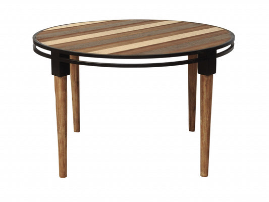 HomeRoots 48" Round Natural Acacia And Mid Century Black Dining Table