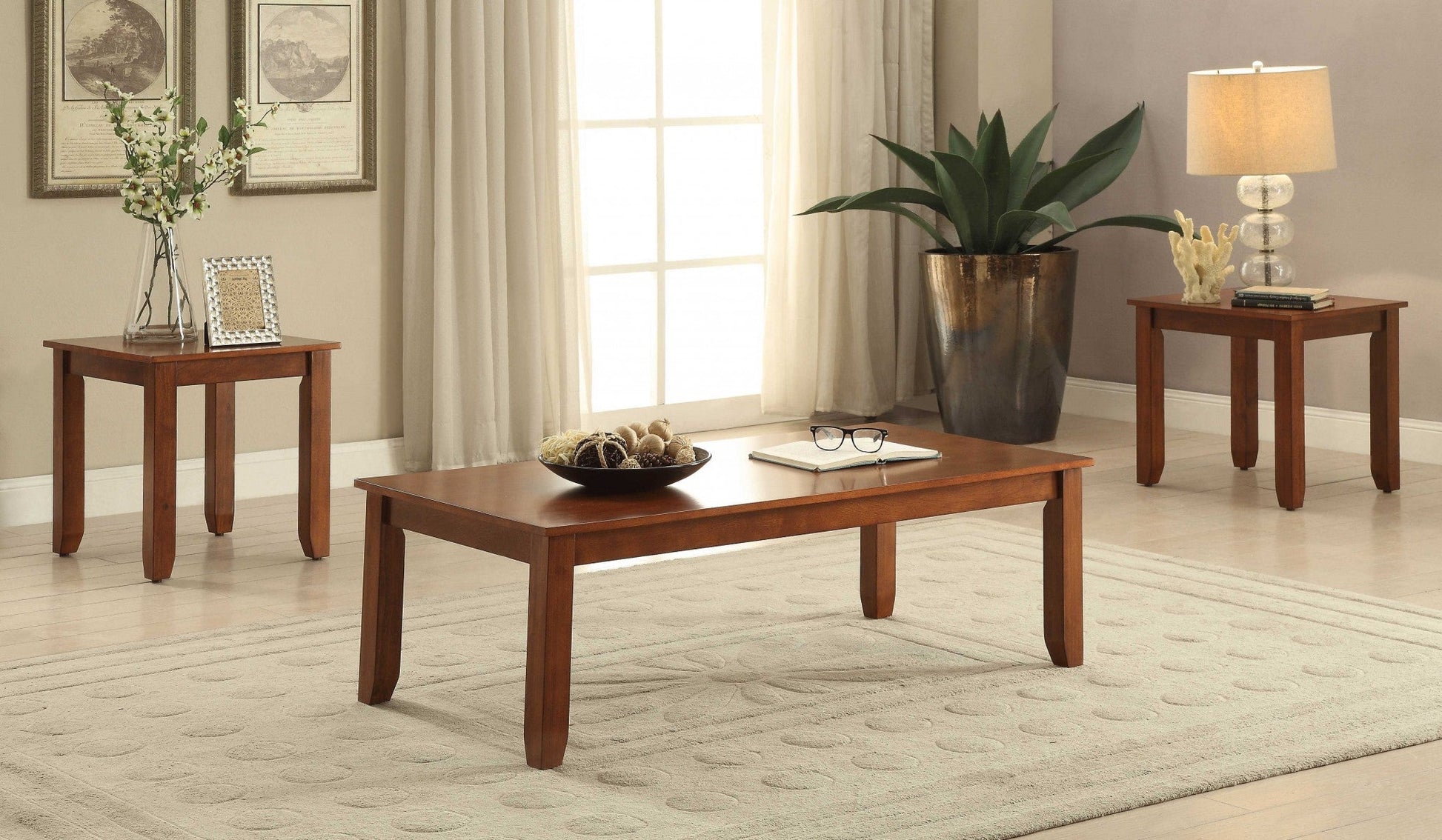 HomeRoots 48" x 24" x 16" 3-Piece Cherry Coffee And End Table Set