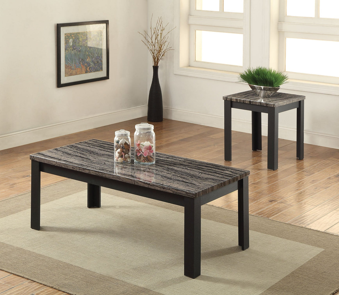 HomeRoots 48" x 24" x 18" Faux Marble And Black Pack Coffee And End Table in Set of Two