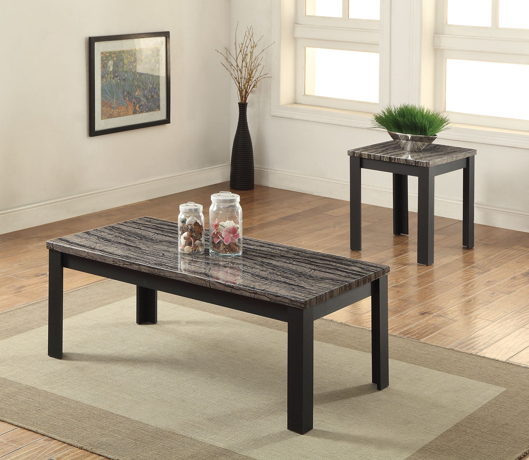 HomeRoots 48" x 24" x 18" Faux Marble And Black Pack Coffee And End Table in Set of Two