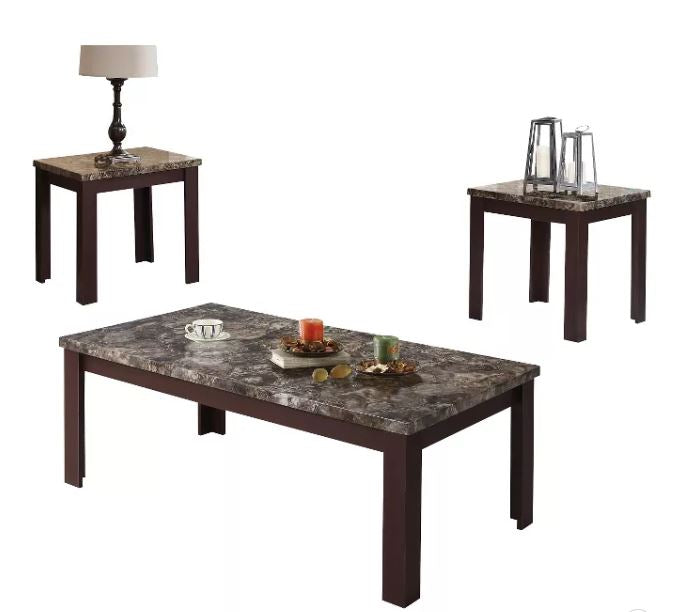 HomeRoots 48" x 24" x 18" Faux Marble And Cherry Coffee And End Table in Set of Three
