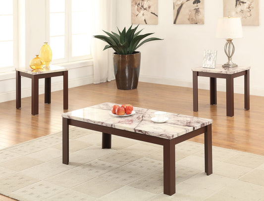 HomeRoots 48" x 24" x 18" Faux Marble And Cherry Coffee And End Table in Set of Three
