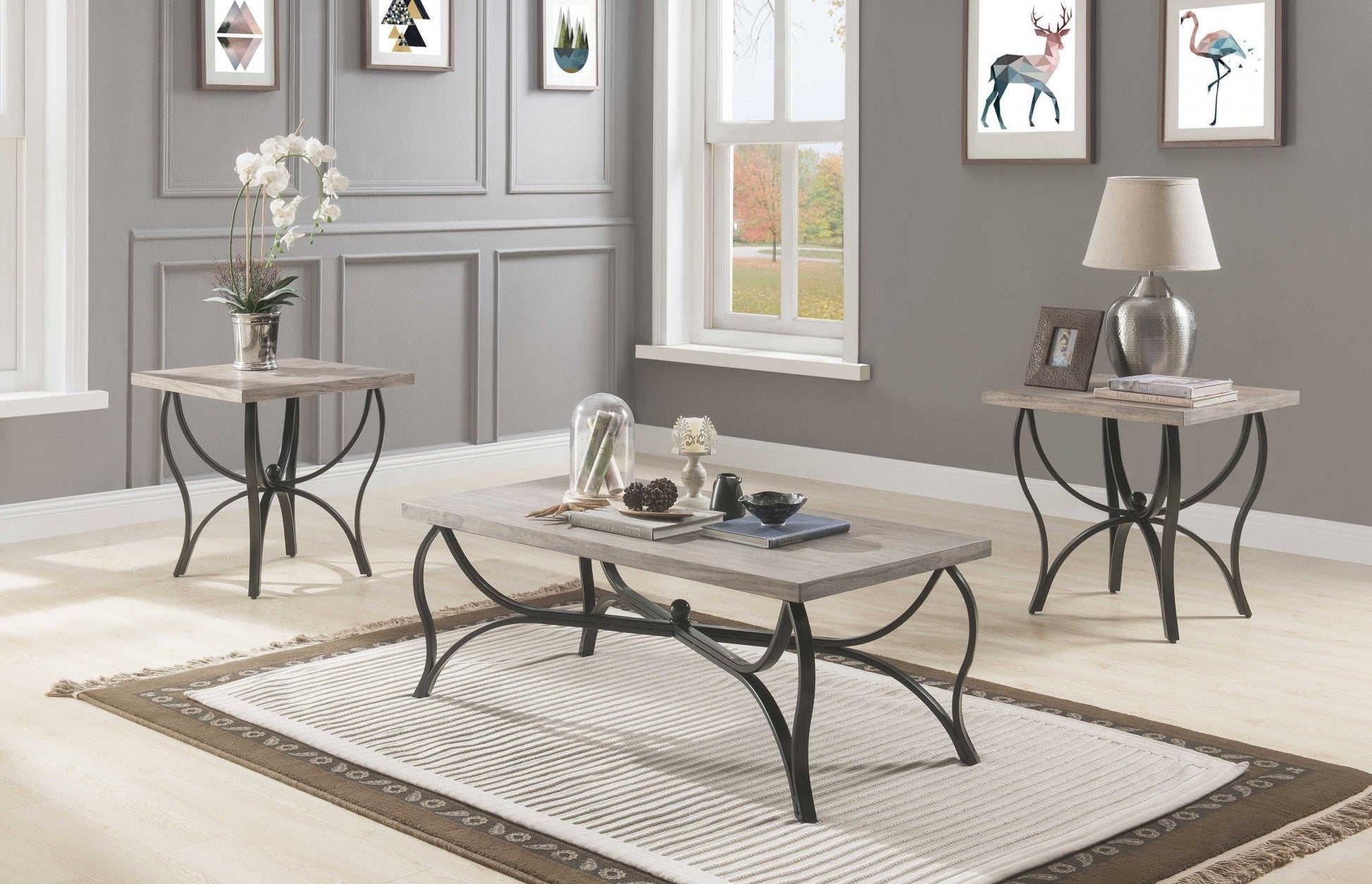 HomeRoots 48" x 24" x 19" 3-Piece Coffee And End Set With Gray Oak And Black Finish