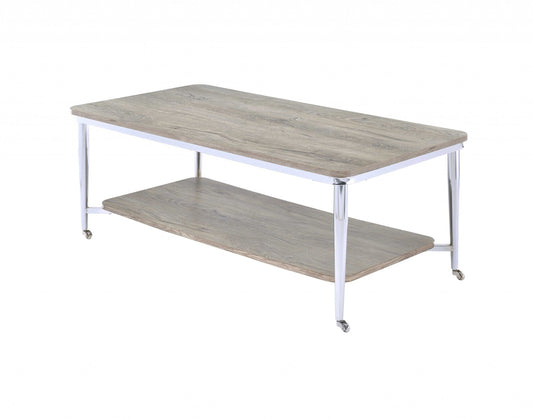 HomeRoots 48' x 24' x 19' Gray Oak And Chrome Metal Tube Coffee Table
