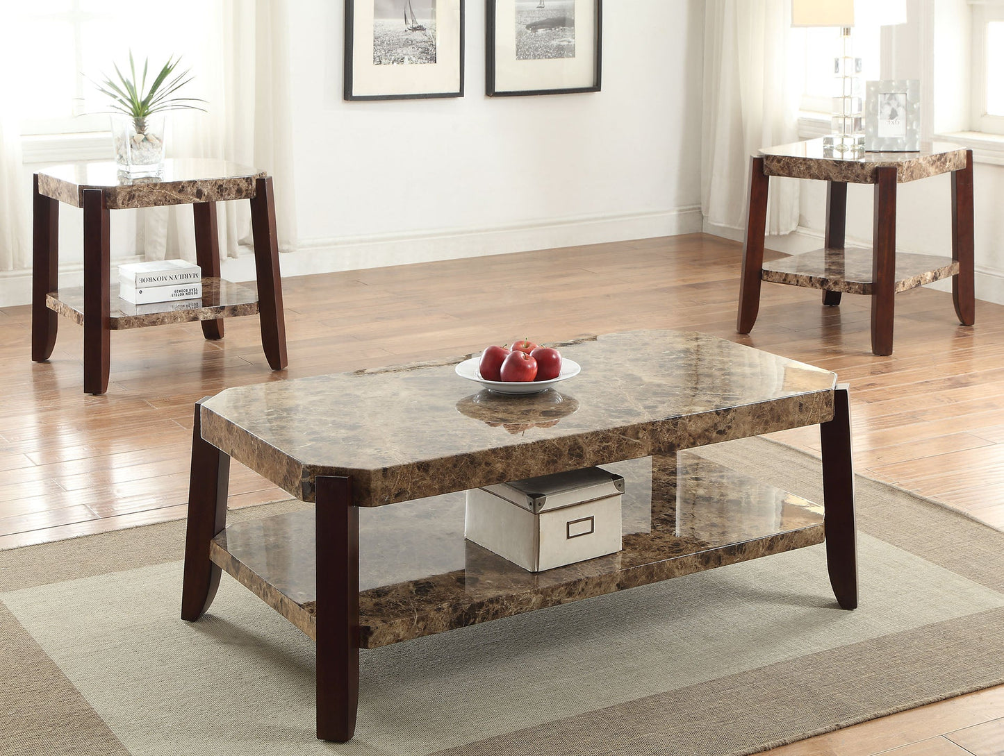 HomeRoots 48" x 26" x 18" Faux Marble And Brown Coffee Table