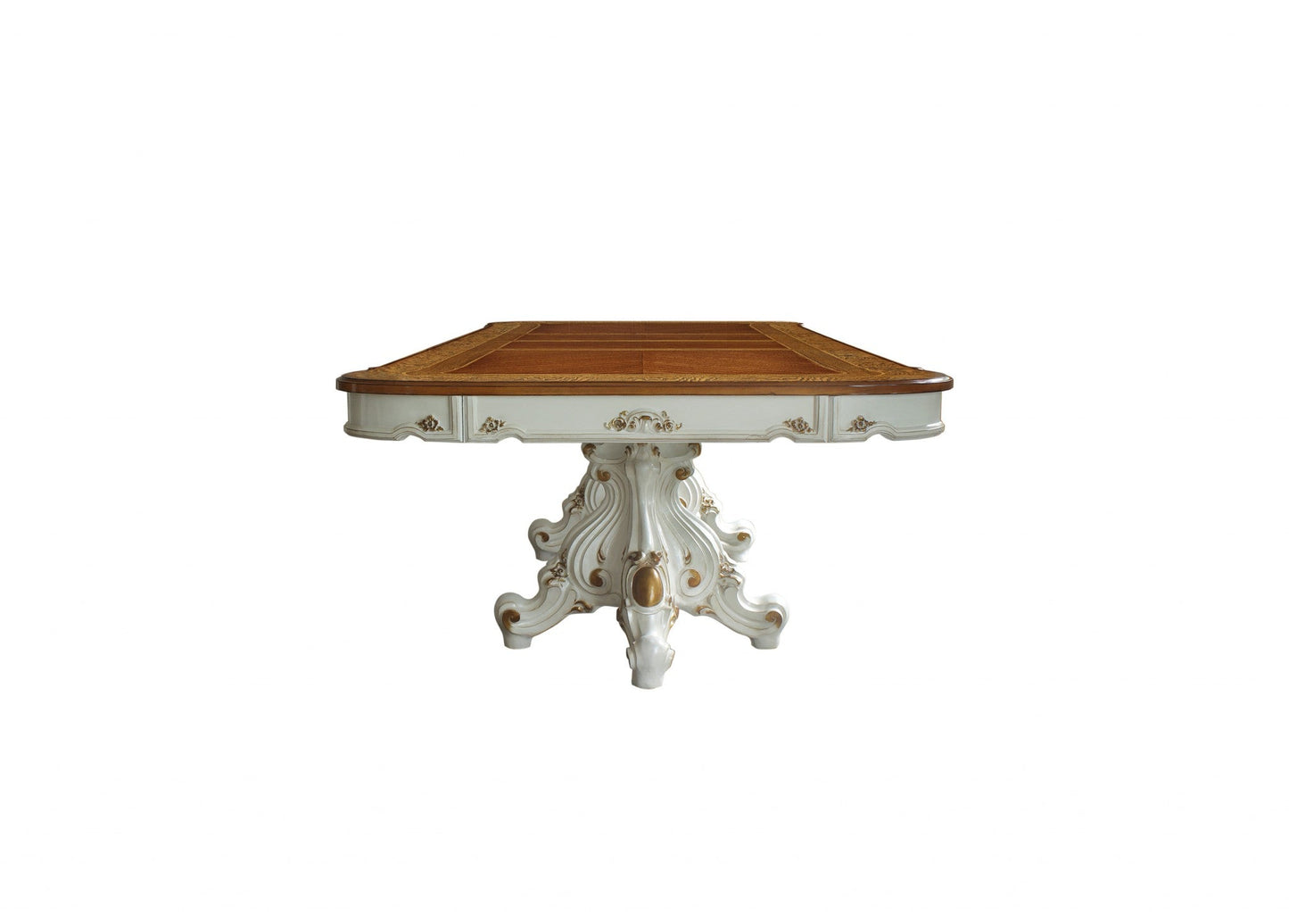 HomeRoots 49" x 120" x 31" Wood Poly-Resin Dining Table With Double Pedestal in Antique Pearl and Cherry Oak Finish