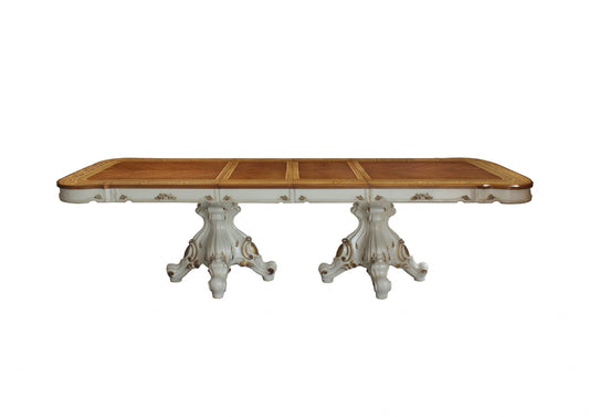 HomeRoots 49" x 120" x 31" Wood Poly-Resin Dining Table With Double Pedestal in Antique Pearl and Cherry Oak Finish