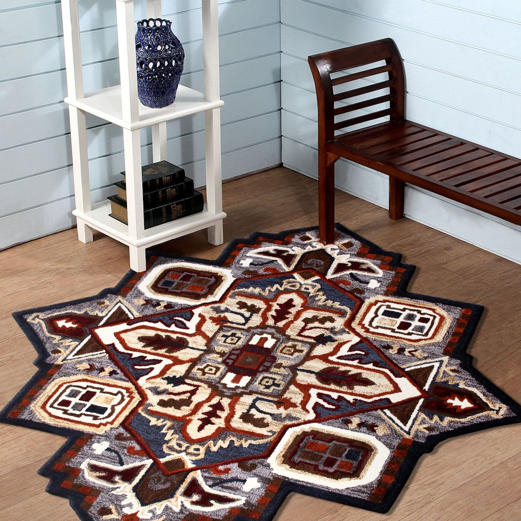 HomeRoots 5' Maroon and Gray Medallion Area Rug