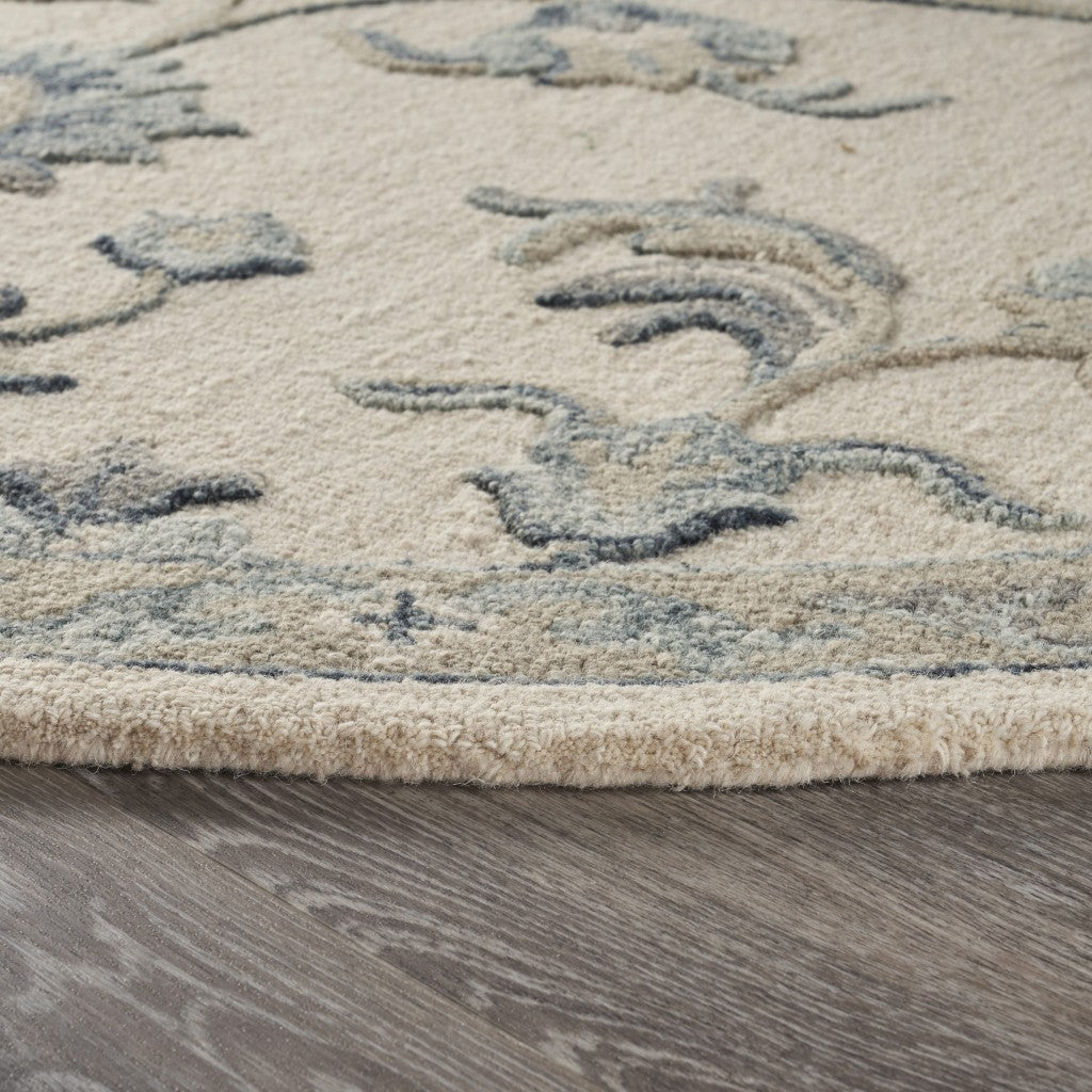 HomeRoots 5' Round Beige and Blue Filigree Area Rug