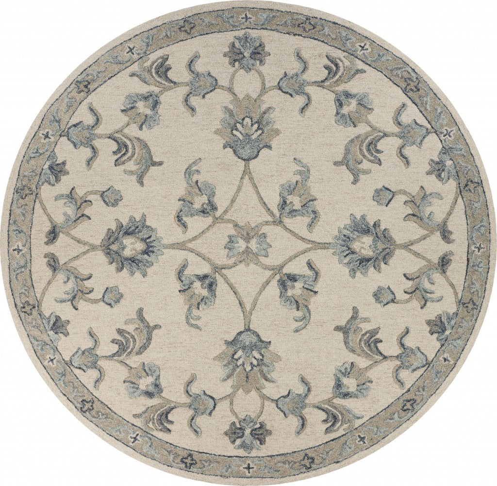 HomeRoots 5' Round Beige and Blue Filigree Area Rug