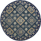 HomeRoots 5' Round Blue Bordered Floral Motifs Area Rug