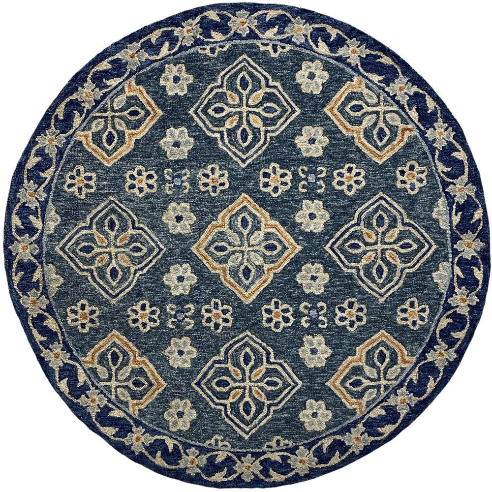 HomeRoots 5' Round Blue Bordered Floral Motifs Area Rug