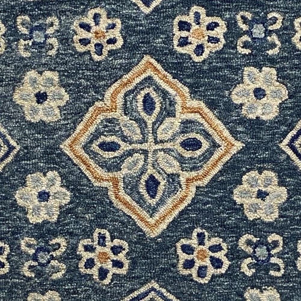 HomeRoots 5' Round Blue Bordered Floral Motifs Area Rug