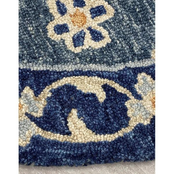 HomeRoots 5' Round Blue Bordered Floral Motifs Area Rug