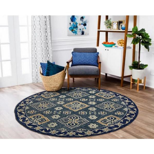 HomeRoots 5' Round Blue Bordered Floral Motifs Area Rug