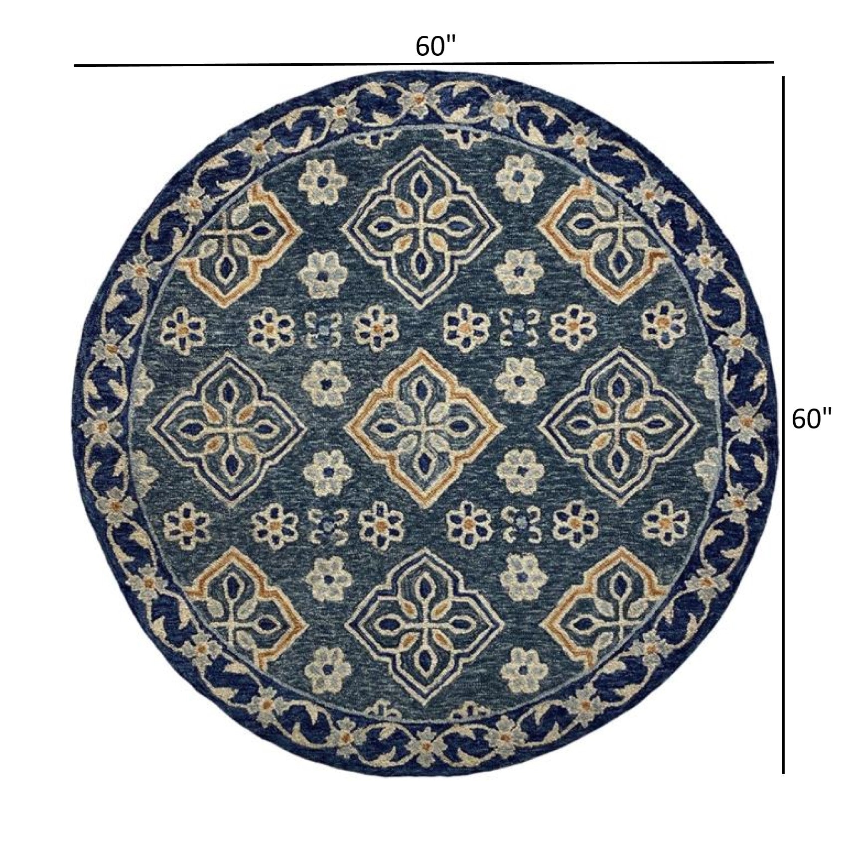 HomeRoots 5' Round Blue Bordered Floral Motifs Area Rug