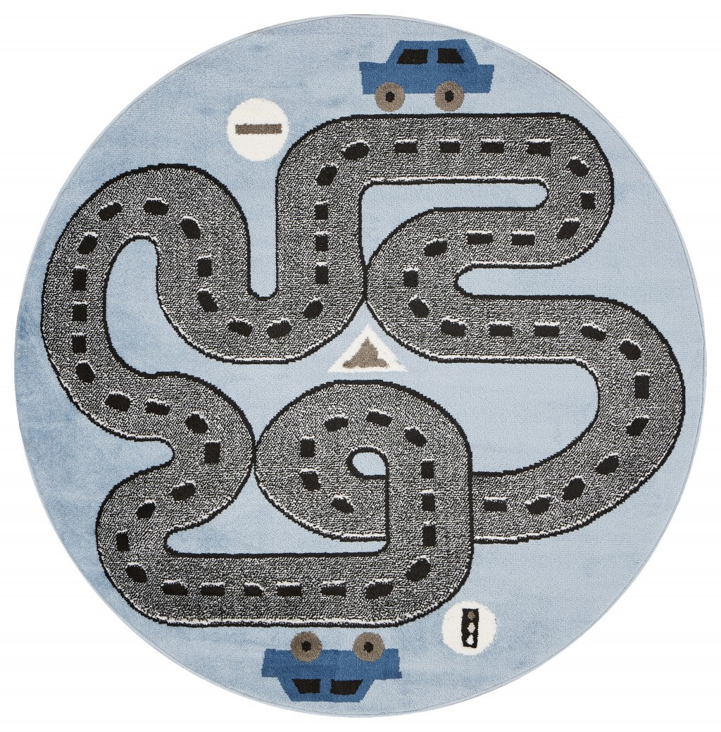 HomeRoots 5' Round Blue Imaginative Racetrack Area Rug