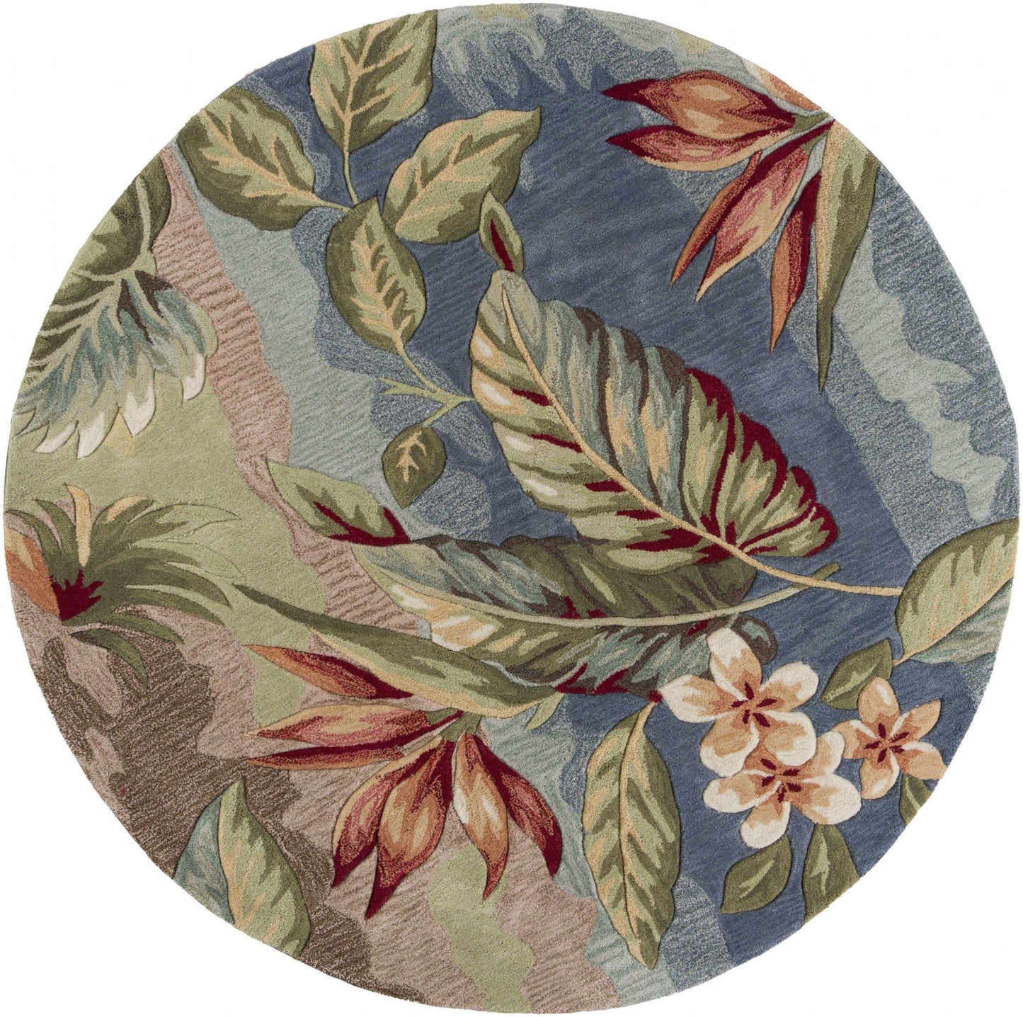 HomeRoots 5' Round Blue or Sage Tropical Leaves Indoor Area Rug