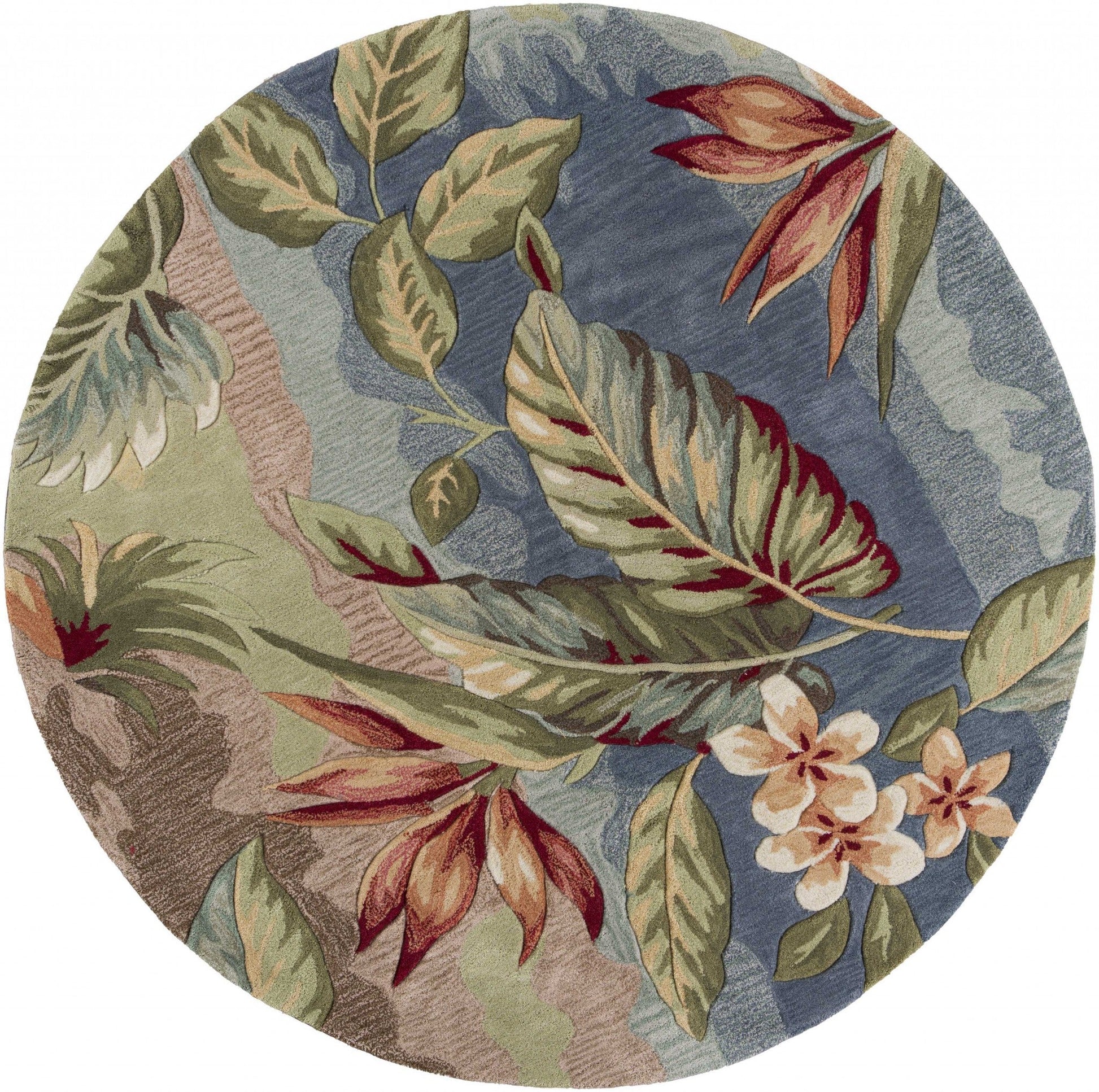 HomeRoots 5' Round Blue or Sage Tropical Leaves Indoor Area Rug