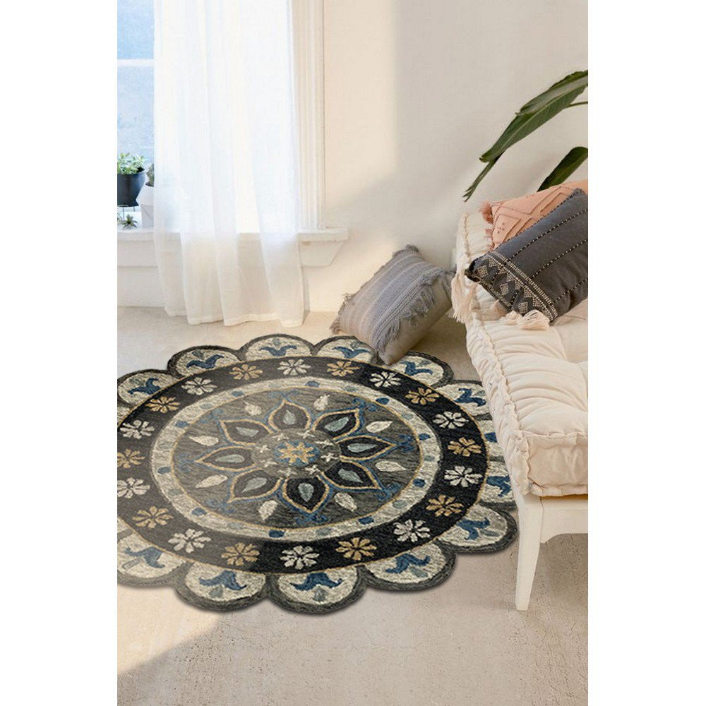 HomeRoots 5' Round Gray Border Floral Medallion Area Rug
