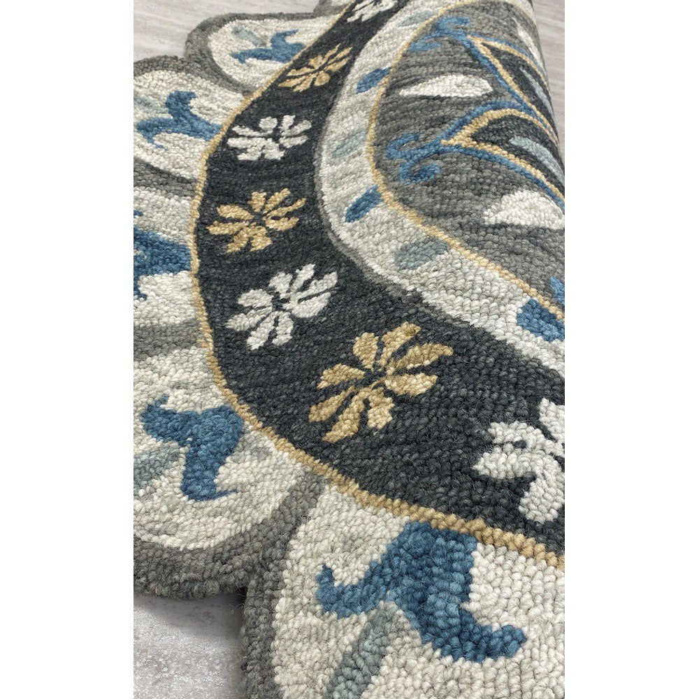 HomeRoots 5' Round Gray Border Floral Medallion Area Rug