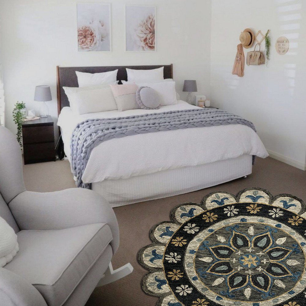 HomeRoots 5' Round Gray Border Floral Medallion Area Rug