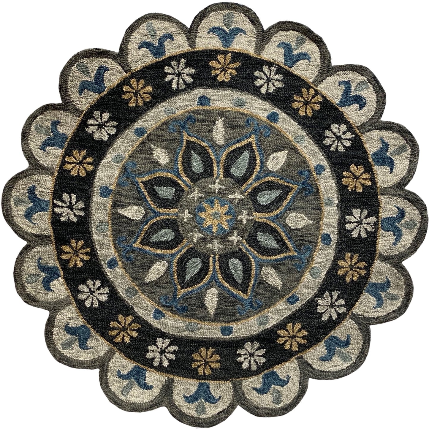 HomeRoots 5' Round Gray Border Floral Medallion Area Rug