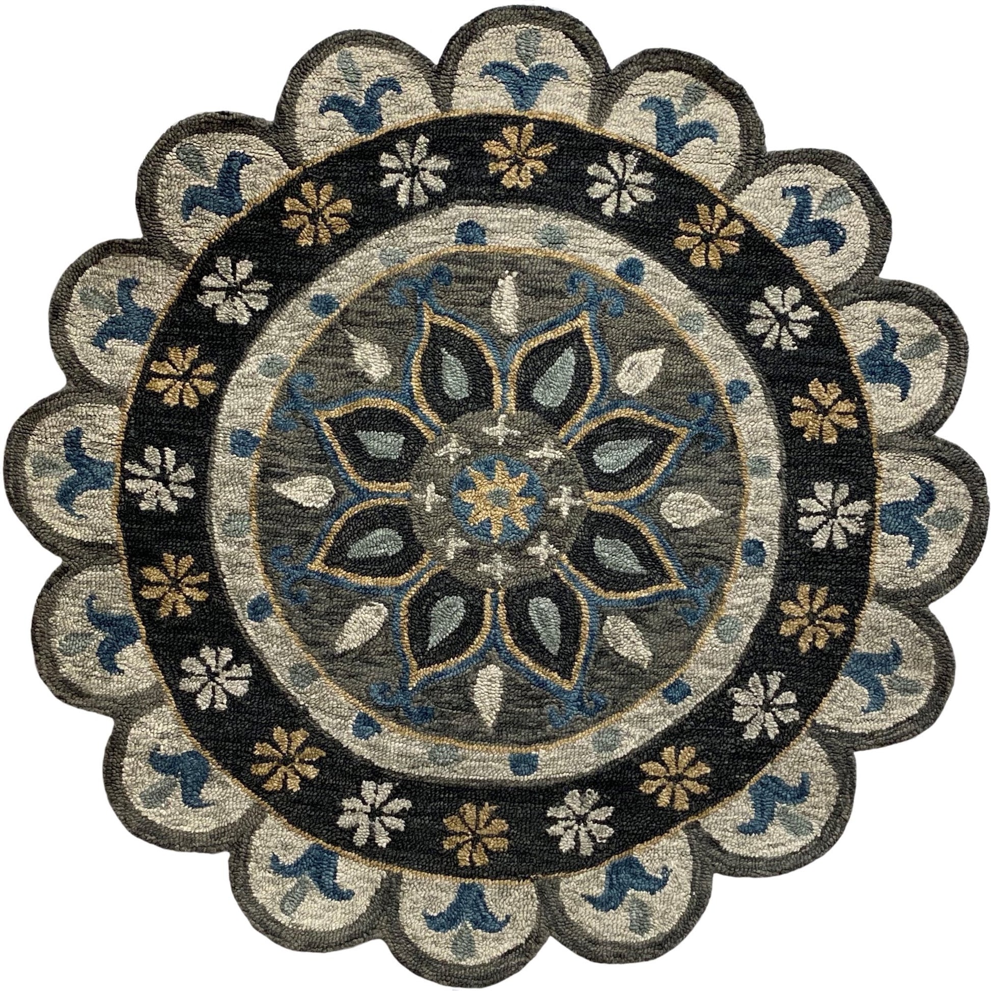 HomeRoots 5' Round Gray Border Floral Medallion Area Rug