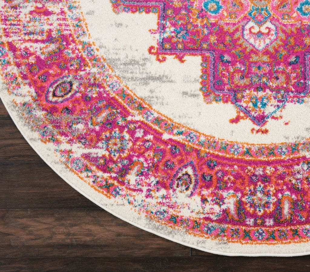 HomeRoots 5’ Round Ivory and Fuchsia Distressed Area Rug