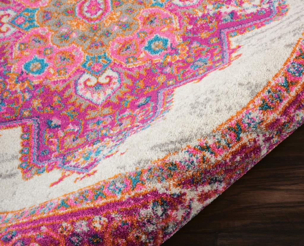 HomeRoots 5’ Round Ivory and Fuchsia Distressed Area Rug