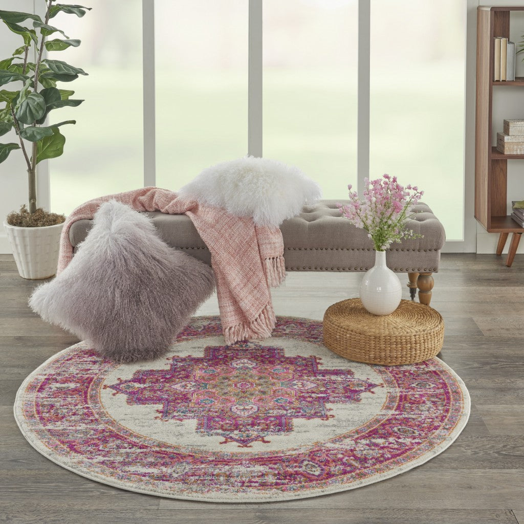 HomeRoots 5’ Round Ivory and Fuchsia Distressed Area Rug