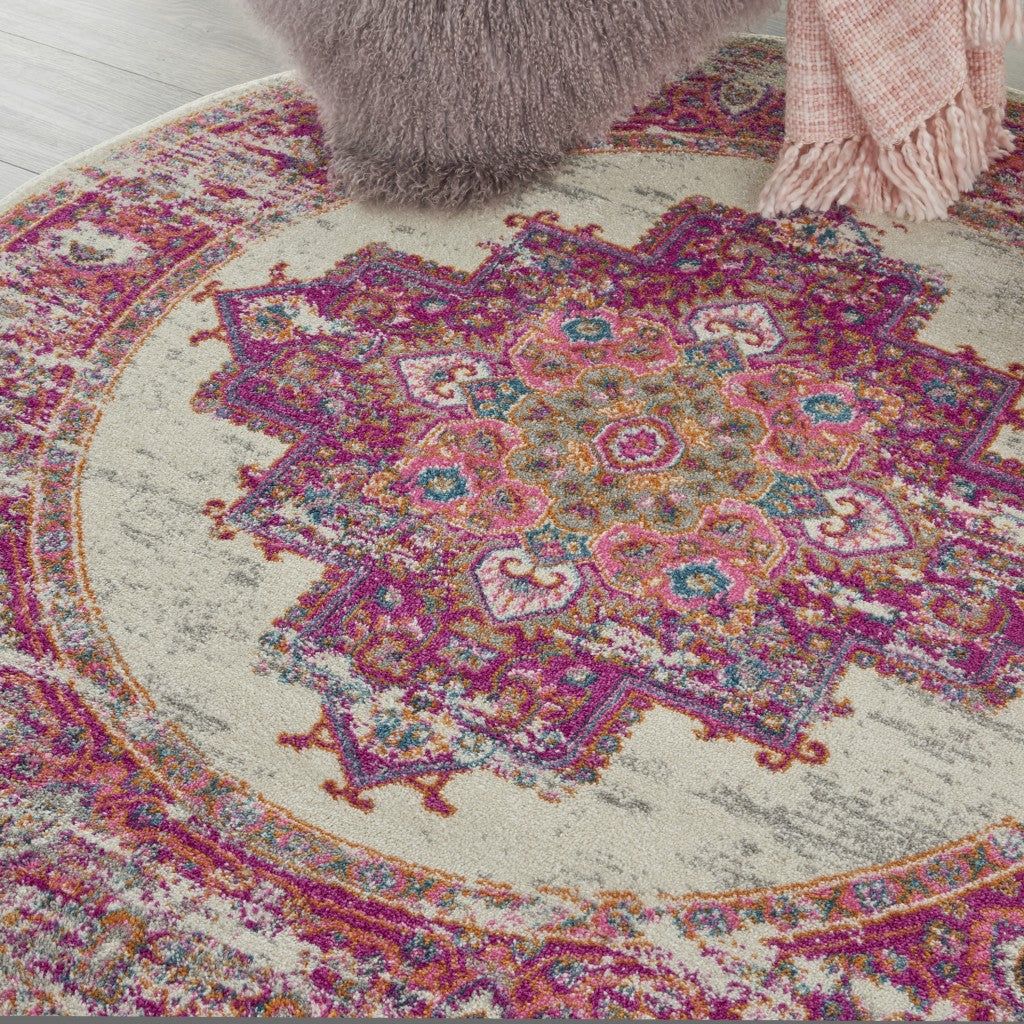 HomeRoots 5’ Round Ivory and Fuchsia Distressed Area Rug