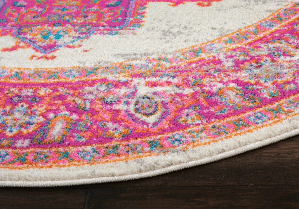 HomeRoots 5’ Round Ivory and Fuchsia Distressed Area Rug