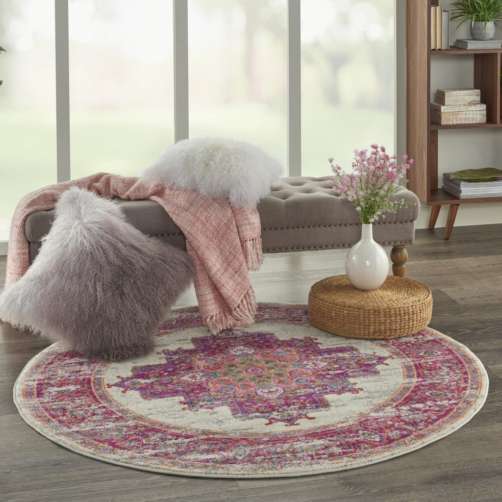 HomeRoots 5’ Round Ivory and Fuchsia Distressed Area Rug