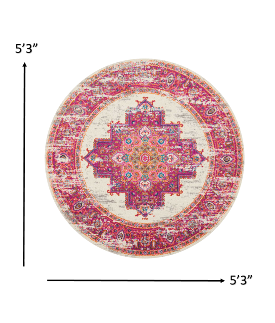 HomeRoots 5’ Round Ivory and Fuchsia Distressed Area Rug