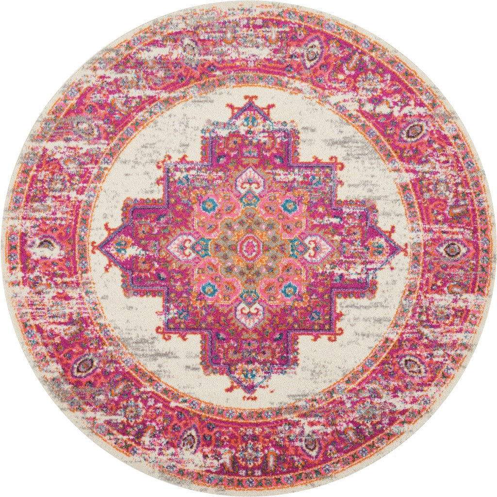 HomeRoots 5’ Round Ivory and Fuchsia Distressed Area Rug