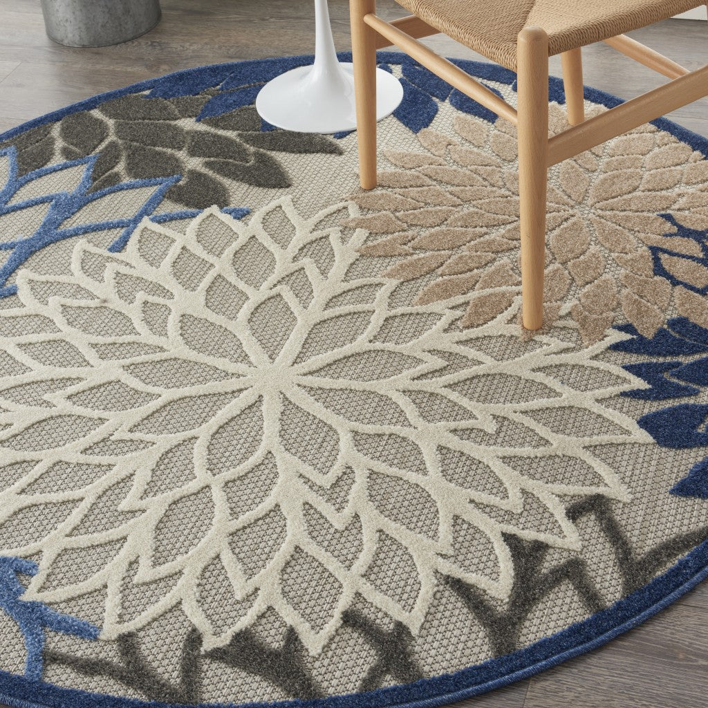 HomeRoots 5’ Round Large Indoor Outdoor Area Rug With Blue Floral Finish