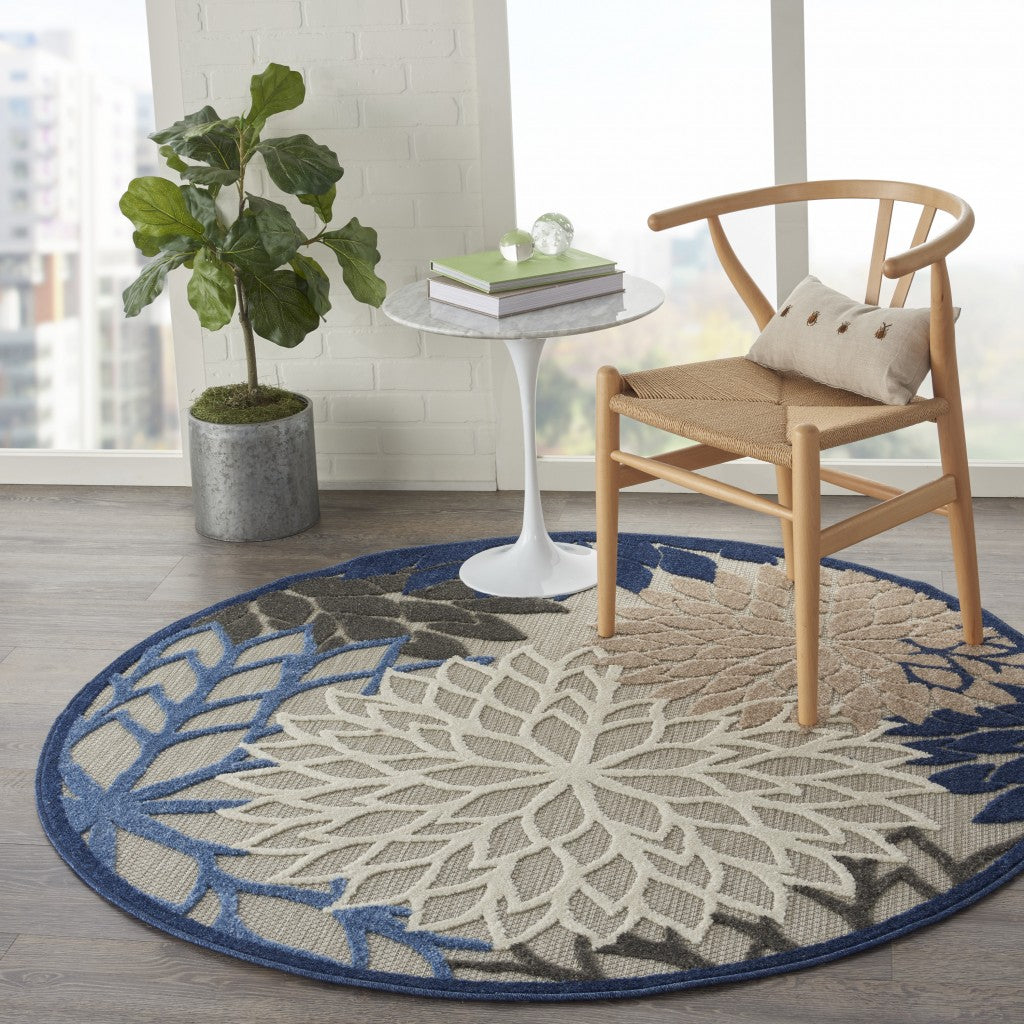 HomeRoots 5’ Round Large Indoor Outdoor Area Rug With Blue Floral Finish