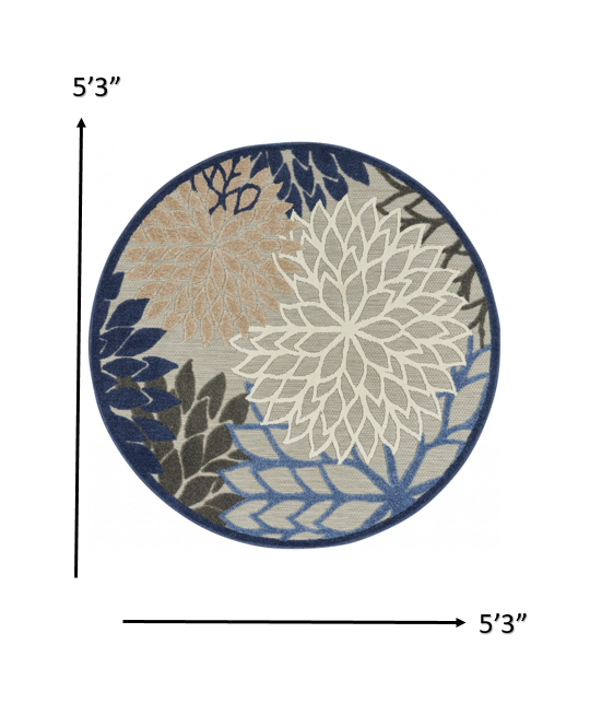 HomeRoots 5’ Round Large Indoor Outdoor Area Rug With Blue Floral Finish