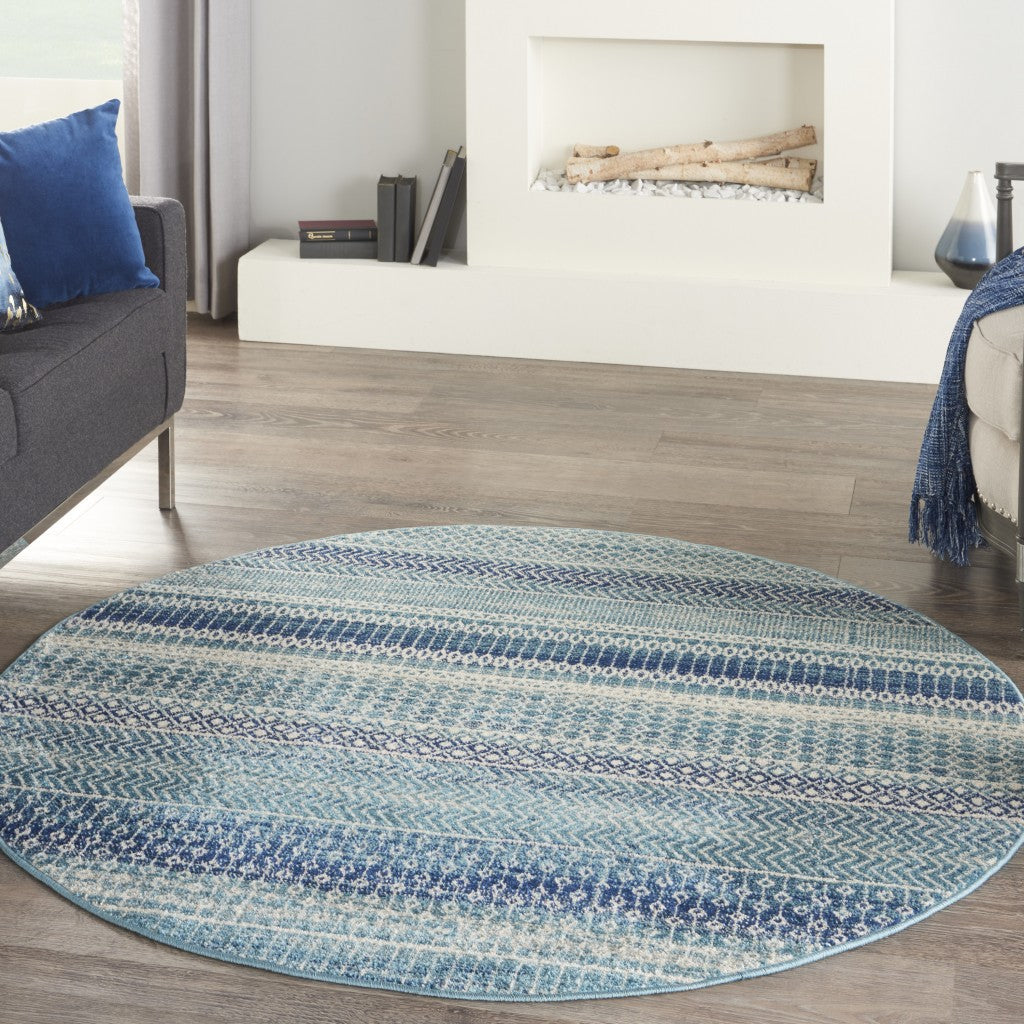 HomeRoots 5' Round Navy Blue Ornate Stripes Area Rug