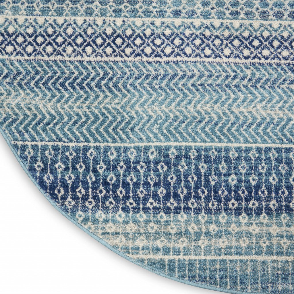 HomeRoots 5' Round Navy Blue Ornate Stripes Area Rug